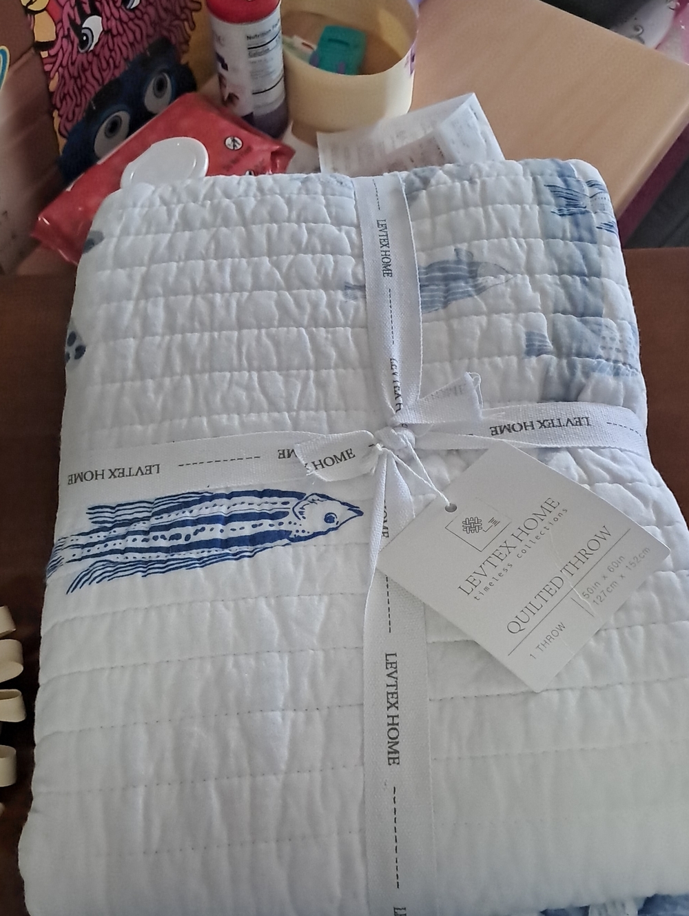 Levtex White Quilted Throw with Blue Nautical Motif